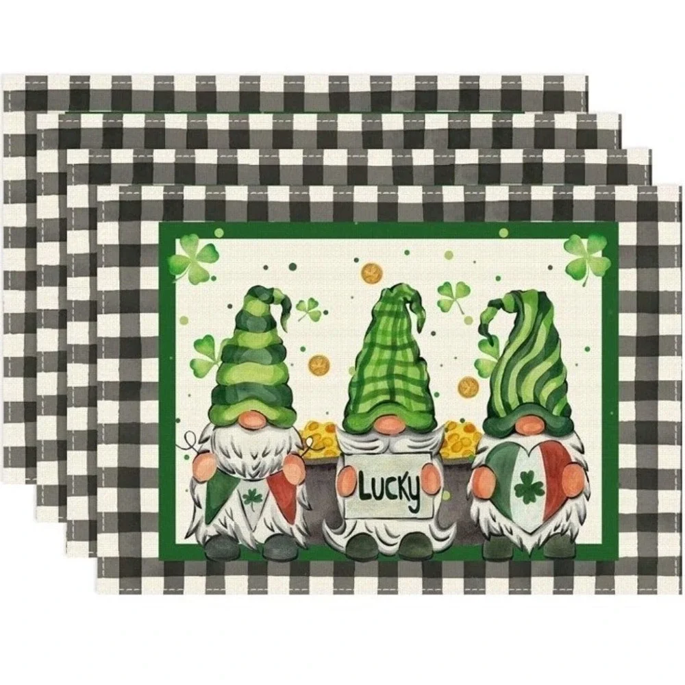 XCHI St Patrick's Day Placemats Set of 6 Plaid Gnome Shamrock Table Mats 12x18